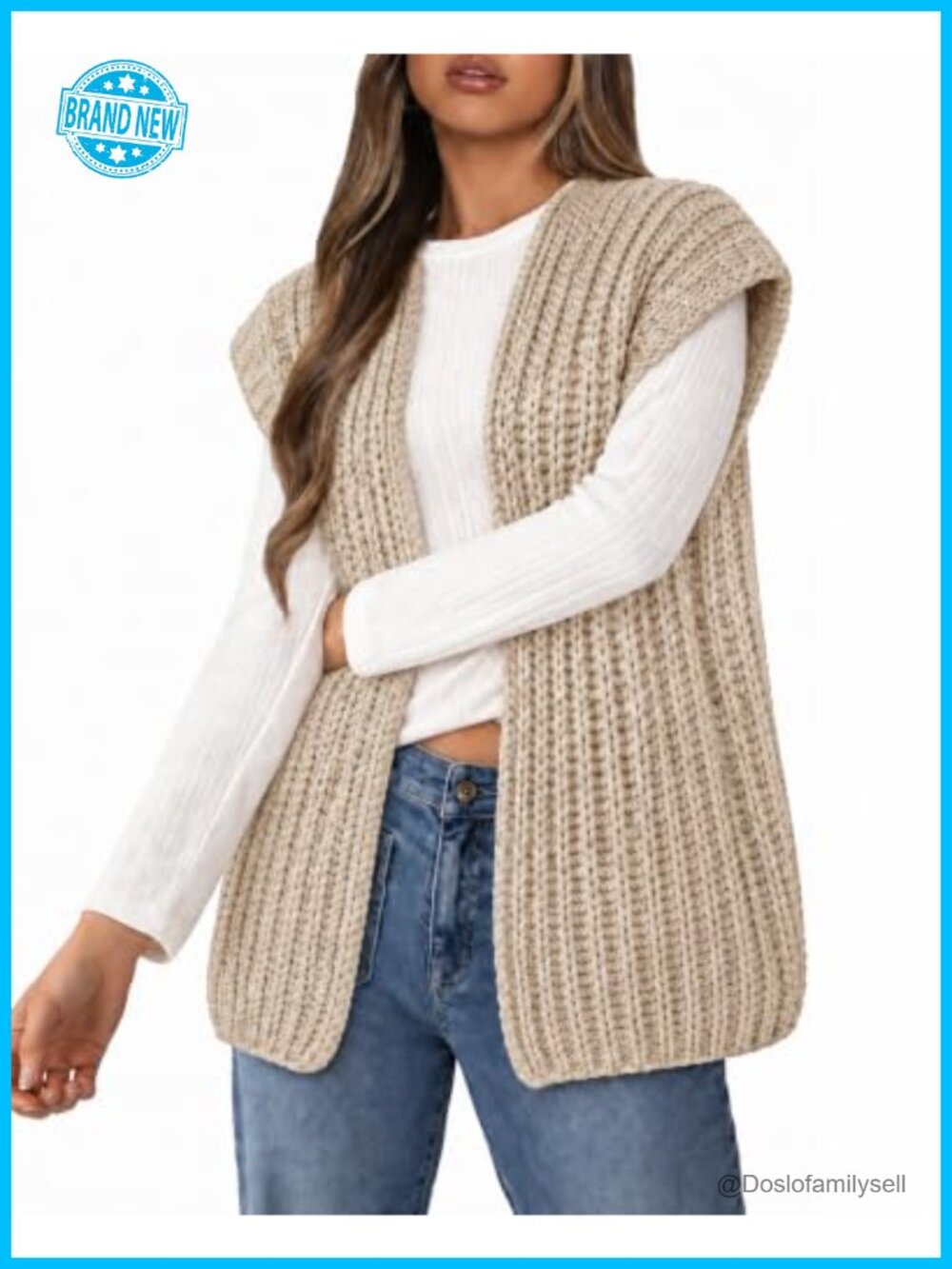 Womens Chunky Knit Sweater Vest Open Front Cap Sleeve V-Neck Layering Top
